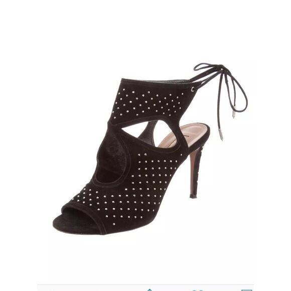 Aquazzura Sexy Sandals Heels SexyThing Cutout Black/ Studs Sz 7.5 US Suede $695